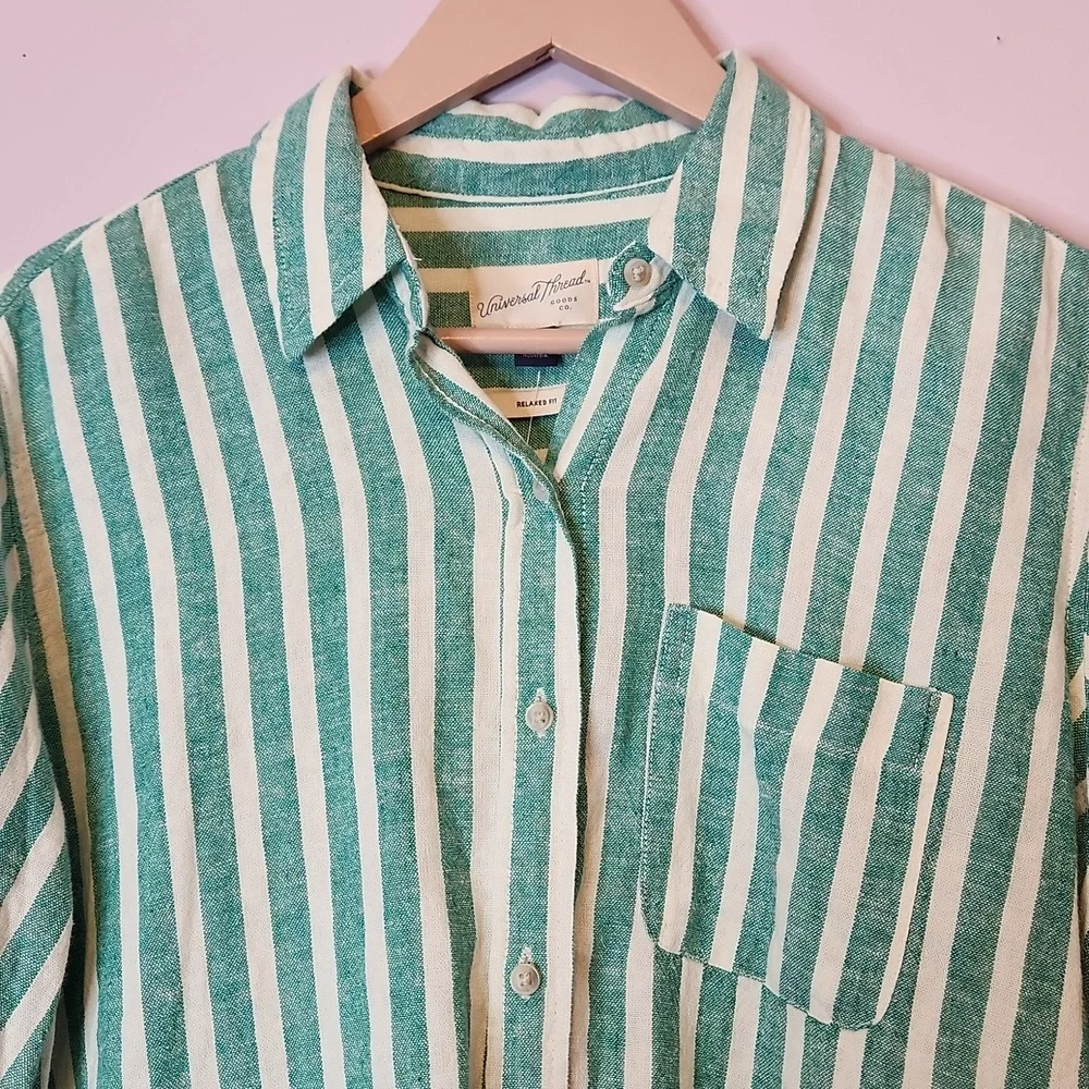 UNIVERSAL THREAD Linen Blend Women’s Green and White Striped Shirt, size S - Picture 3 of 12